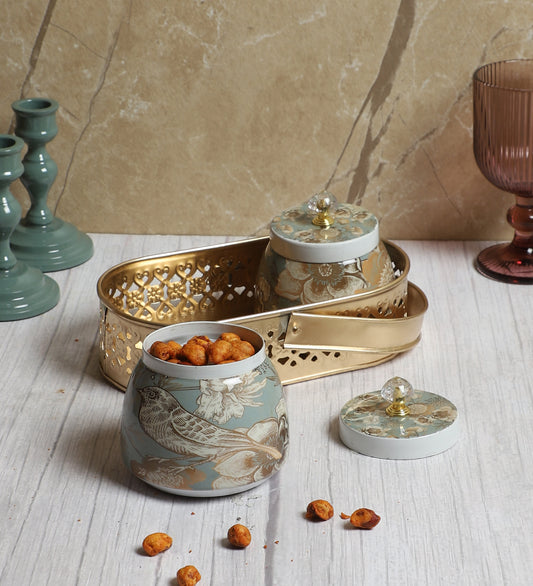 Bird Print Metal Jar With basket Set of 3