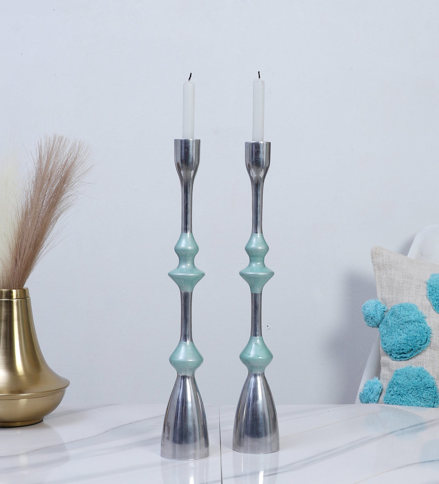 Silver & Grey Aluminium Candle Stand Set of 2