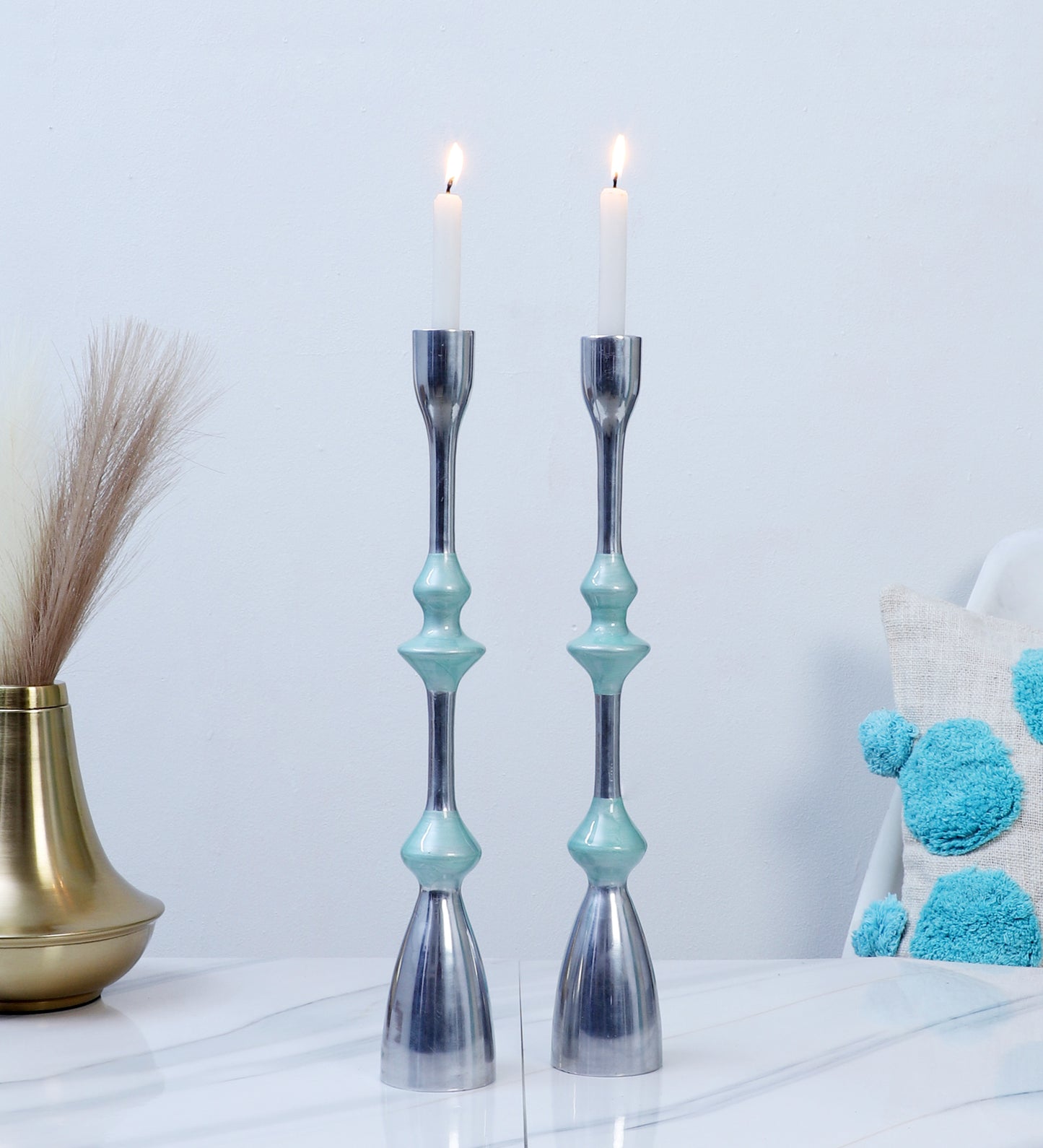 Silver & Grey Aluminium Candle Stand Set of 2