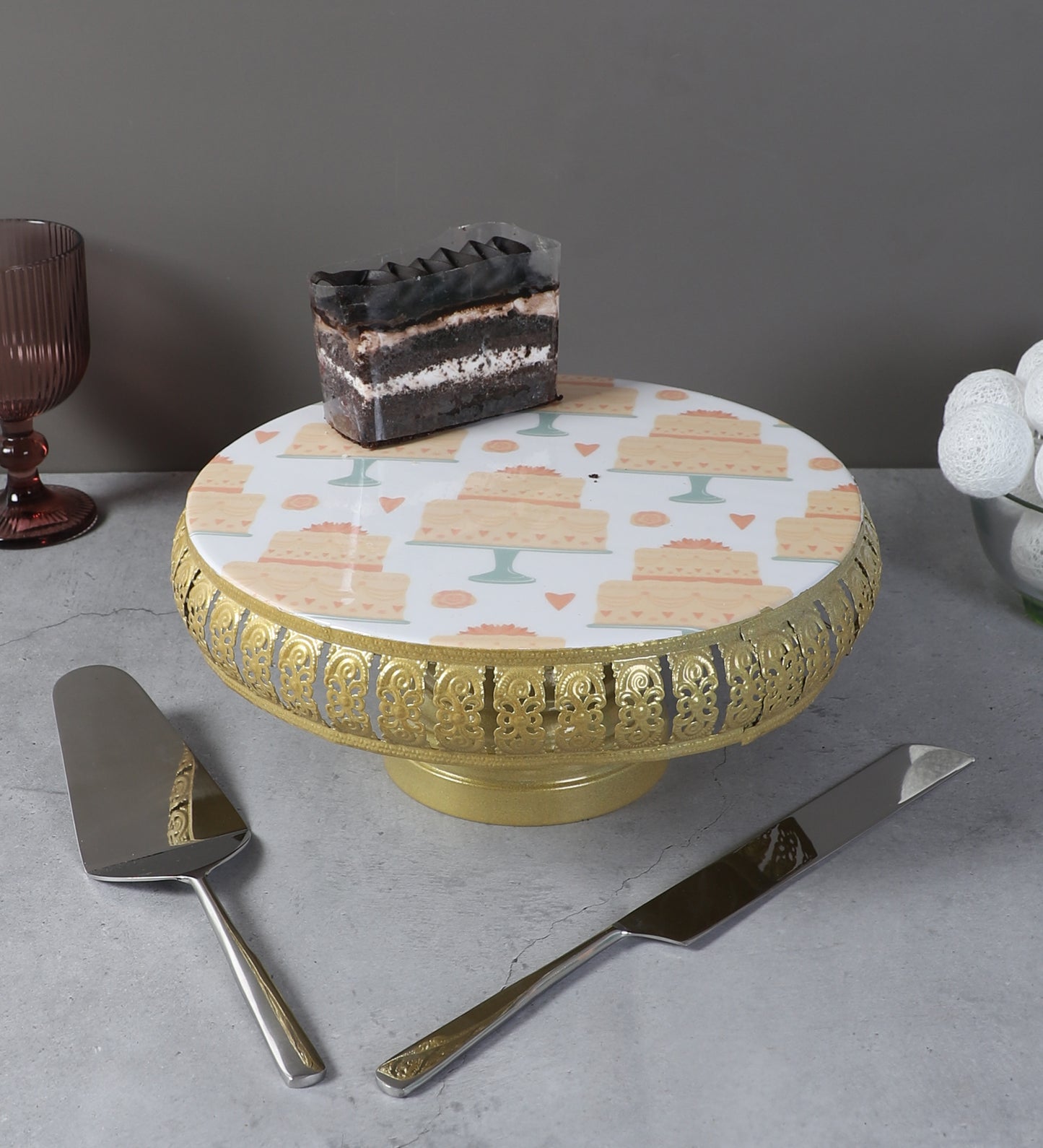 Cake Print Metal Cake Platter WIth Knife & Server