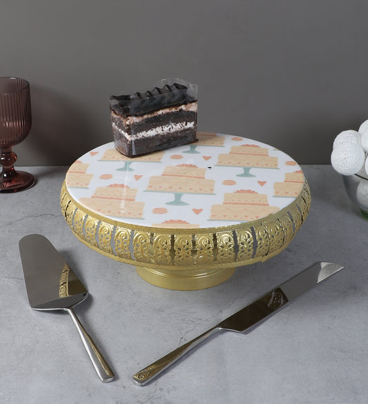 Cake Print Metal Cake Platter WIth Knife & Server