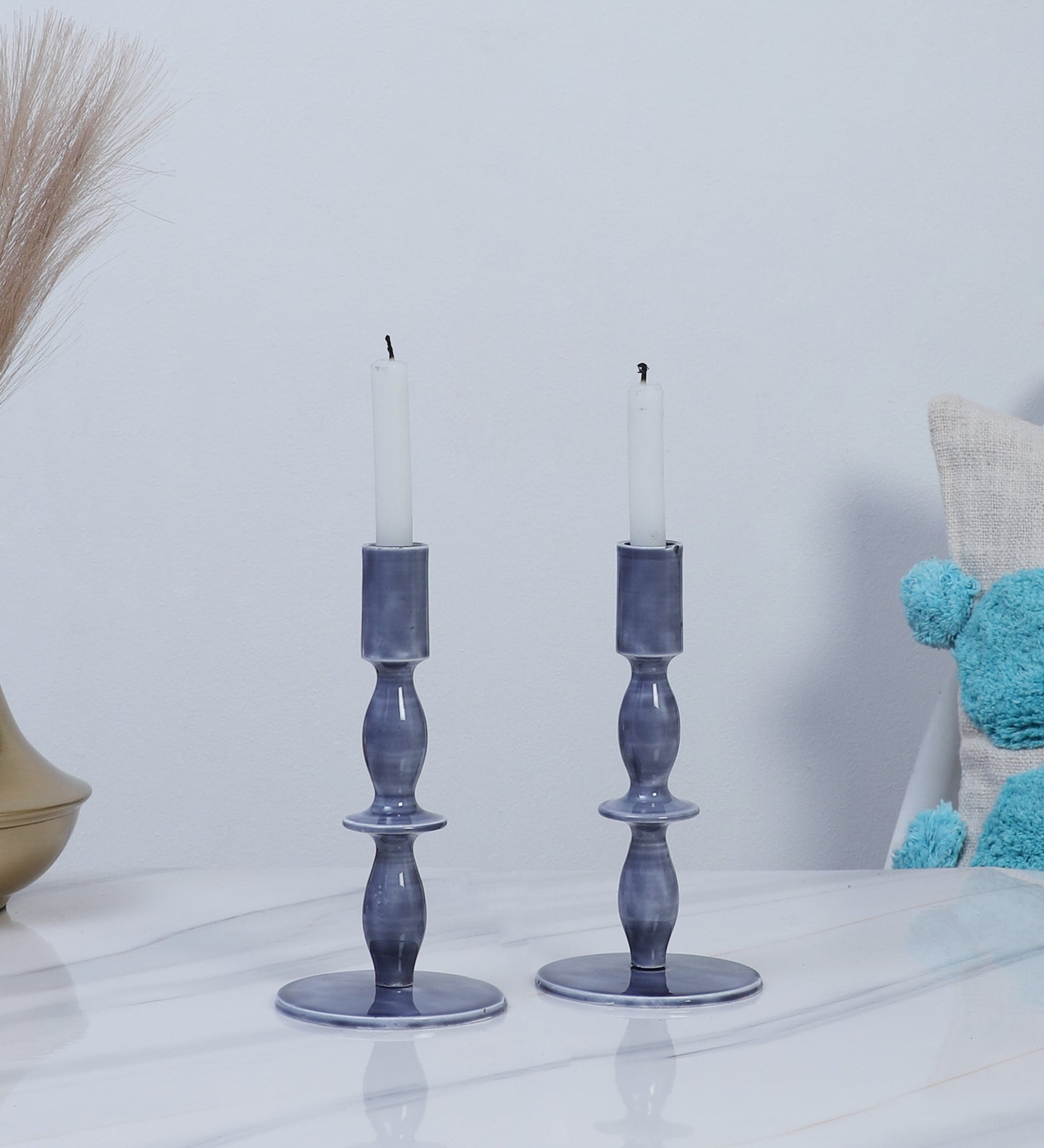 Aluminum Blue Resin Candle Stand Set of 2