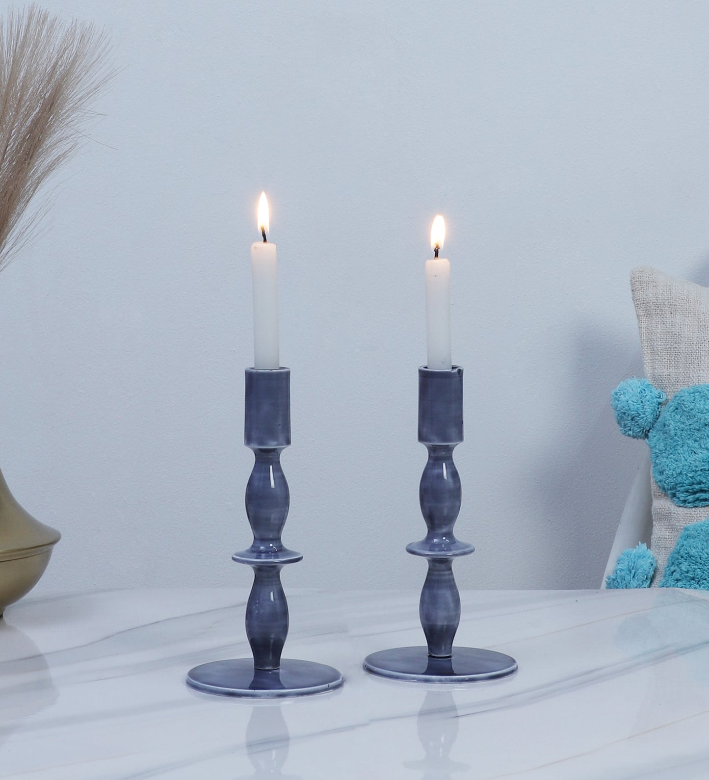 Aluminum Blue Resin Candle Stand Set of 2