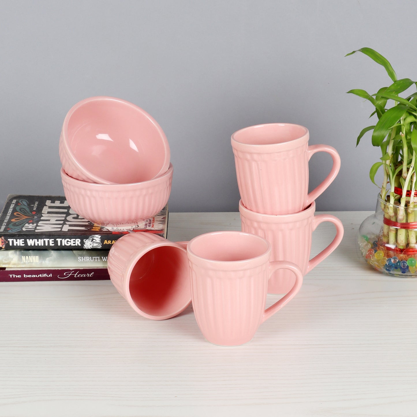 Pink Ceramic Mug with Bowl Set of 6