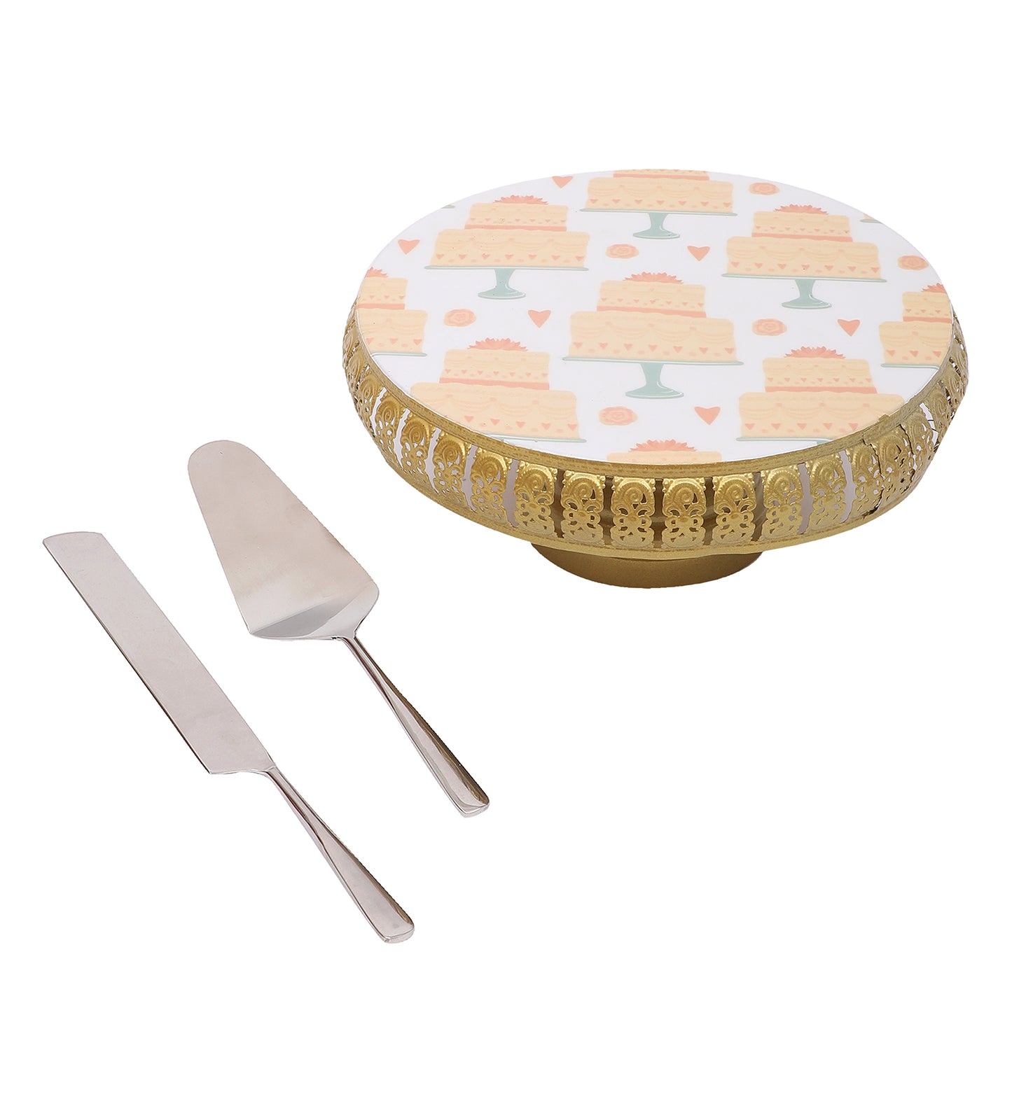 Cake Print Metal Cake Platter WIth Knife & Server