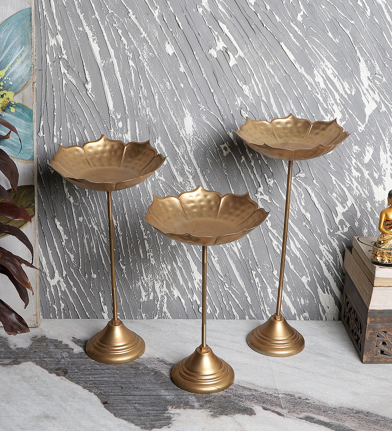 Gold Metal Detachbale Suflower Urli with Stand Set of 3
