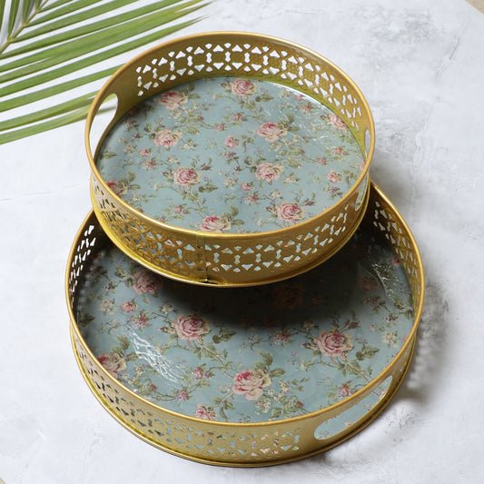 Green Pink FLower Tray Set of 2