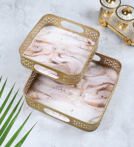 PInk & Gold Wavy Design Tray Set of 2