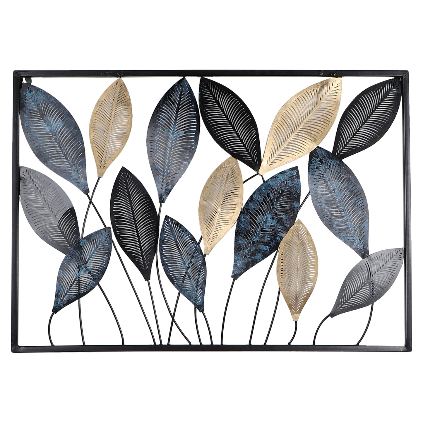 Rectangular Etching Black, Gold & Green Leaves Wall Décor