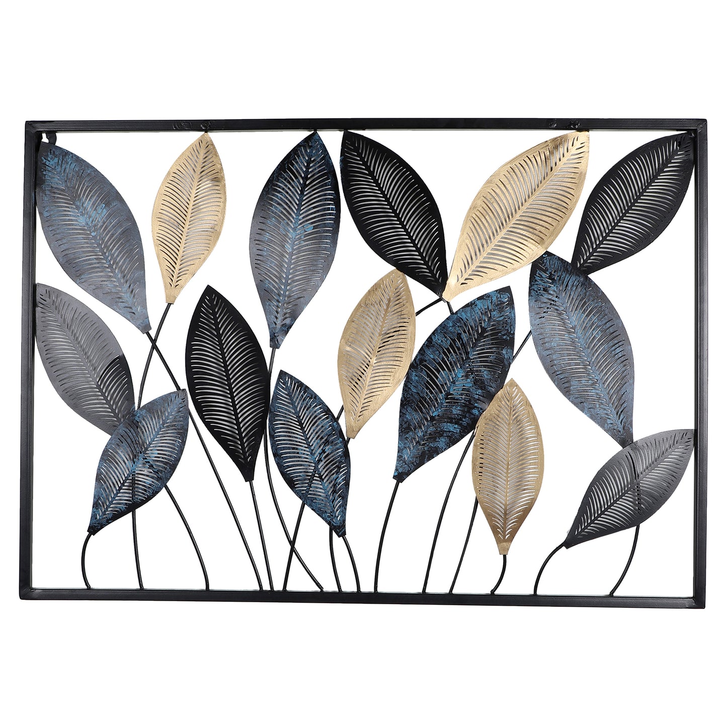 Rectangular Etching Black, Gold & Green Leaves Wall Décor