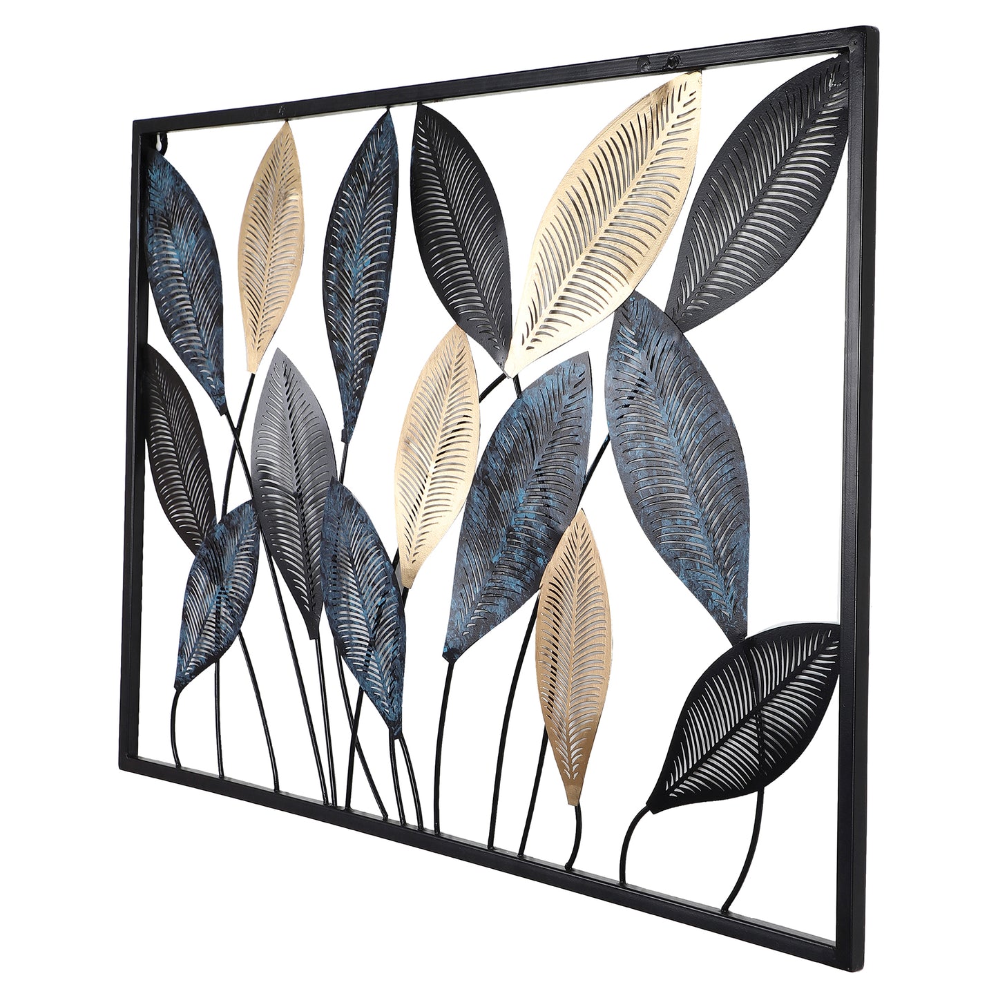 Rectangular Etching Black, Gold & Green Leaves Wall Décor