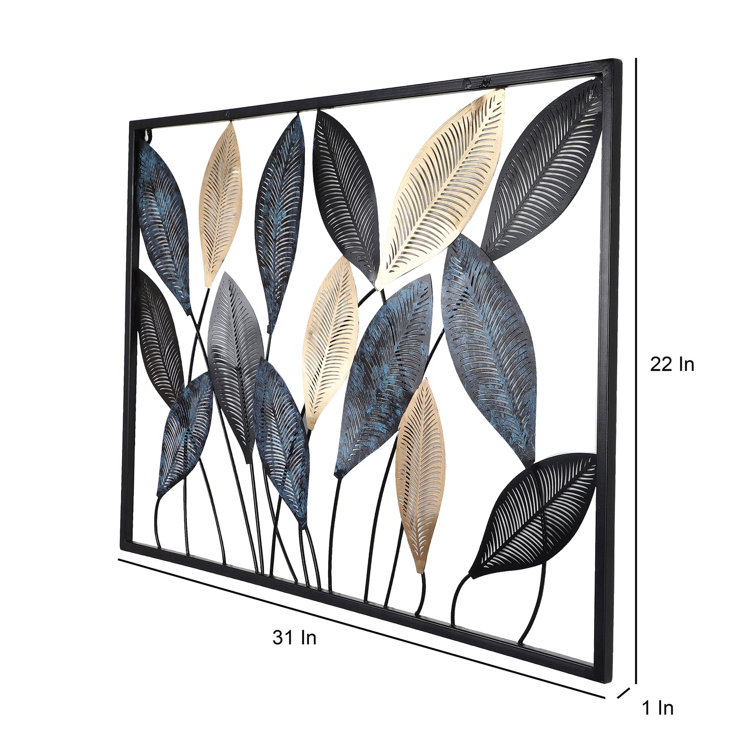 Rectangular Etching Black, Gold & Green Leaves Wall Décor