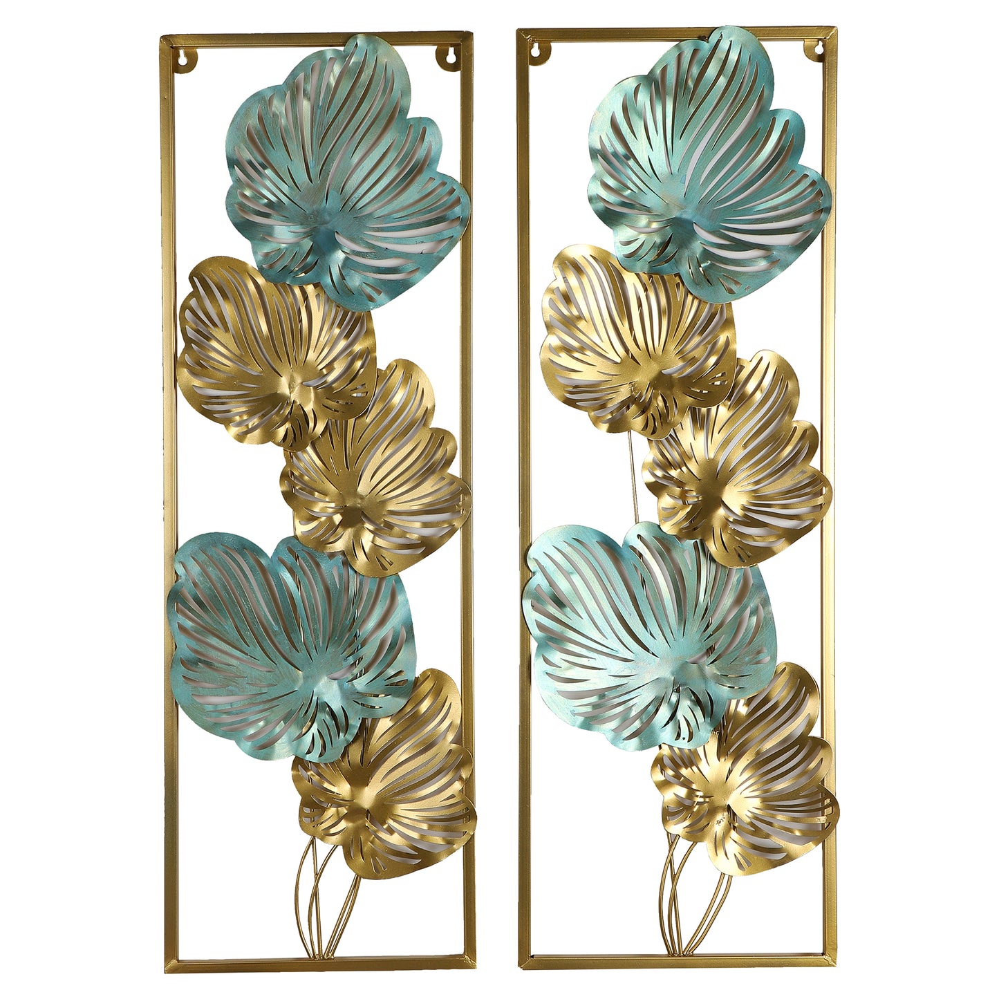 Green & Gold Etchiing Leaves Rectangular Wall  Décor Set of 2