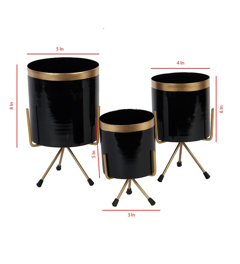 Black & Gold Pipe Planter With Stand Set of 3