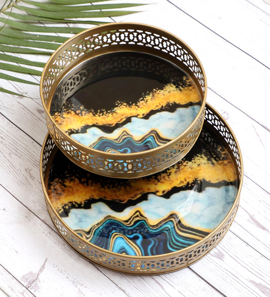 Round Blue & Black Metal Meeena Tray Set of 2
