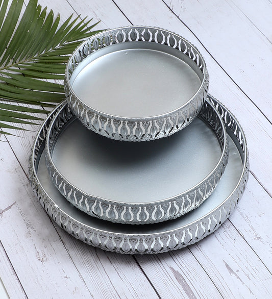 Round Etching Silver Basket Set of 3
