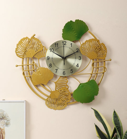 Round Leaves Gold & Green Metal Clock