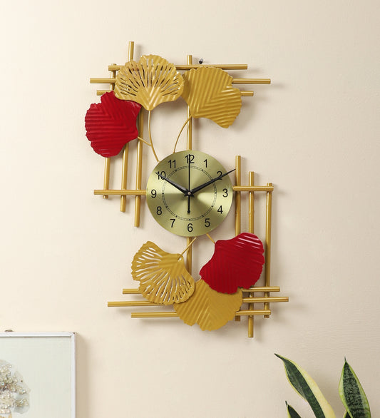 Rectangular Gold & Red Leaves Wall Clock