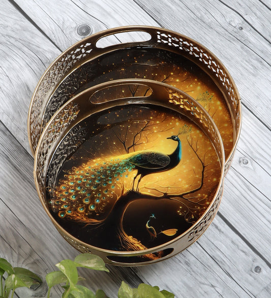 Black Peacock Serving Tray Set of 2
