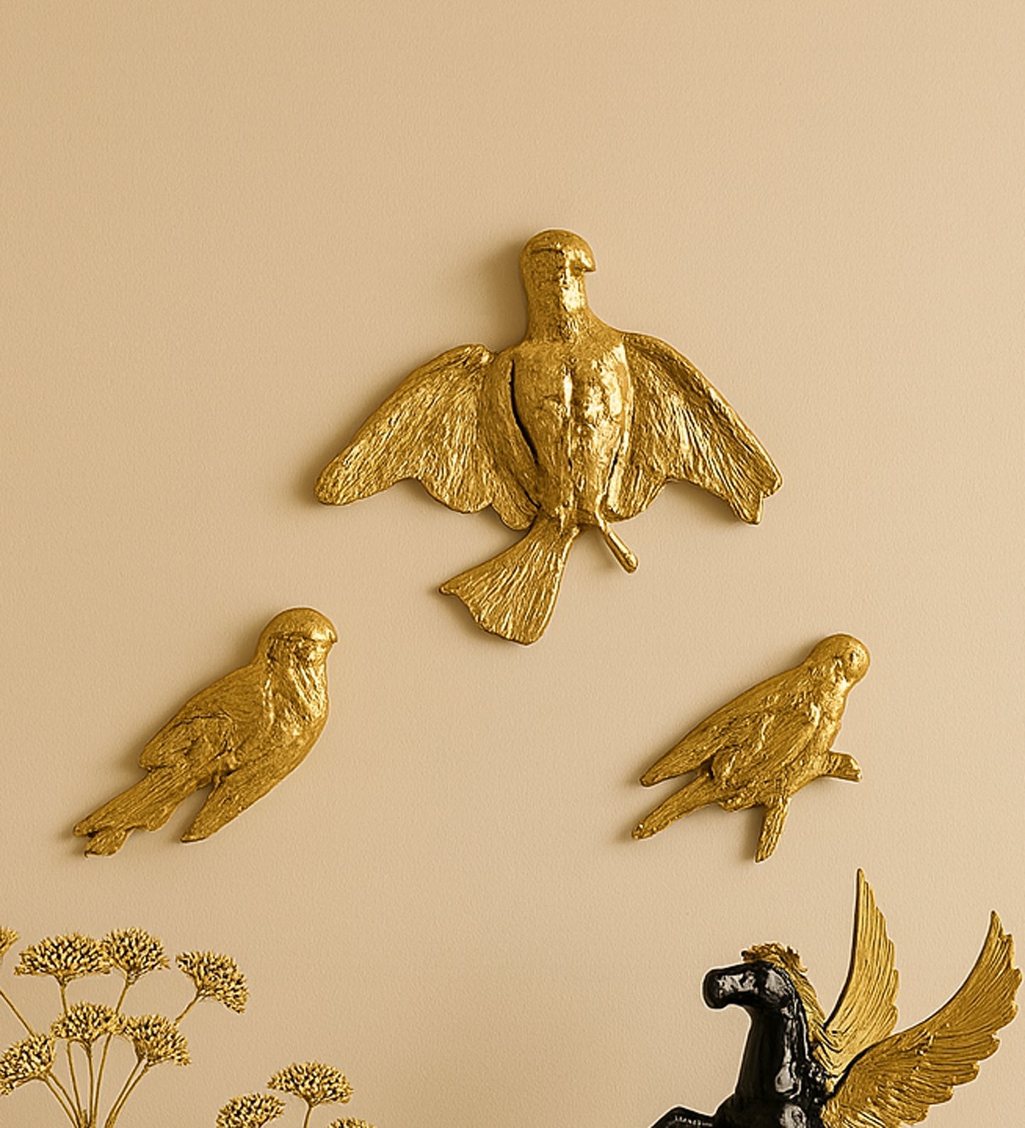 Small Black & Gold Textured Aluminum Bird Wall Art Set of 3
