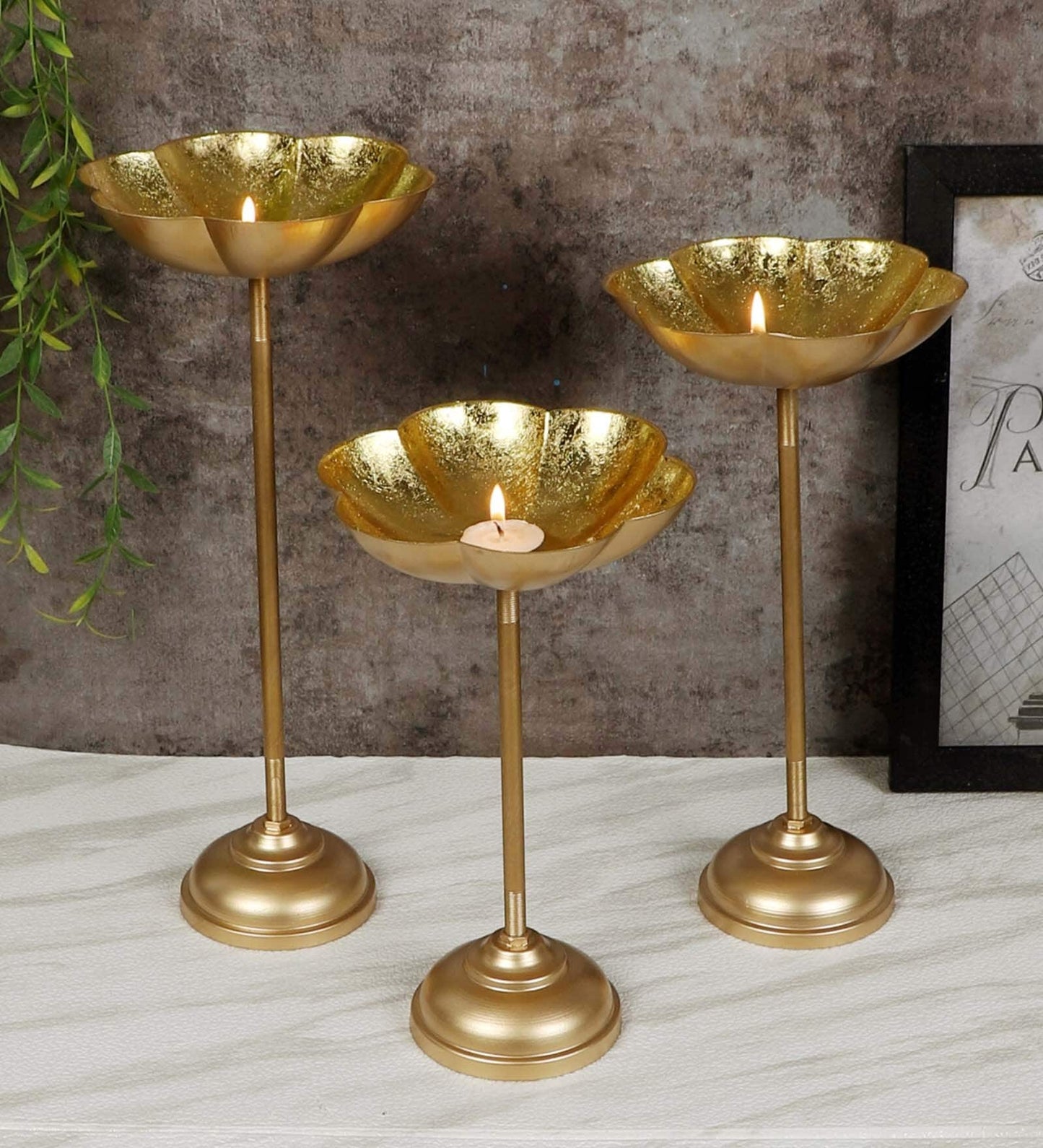 Gold Iron Big Flower Foil Detachable Diya, Set Of 3